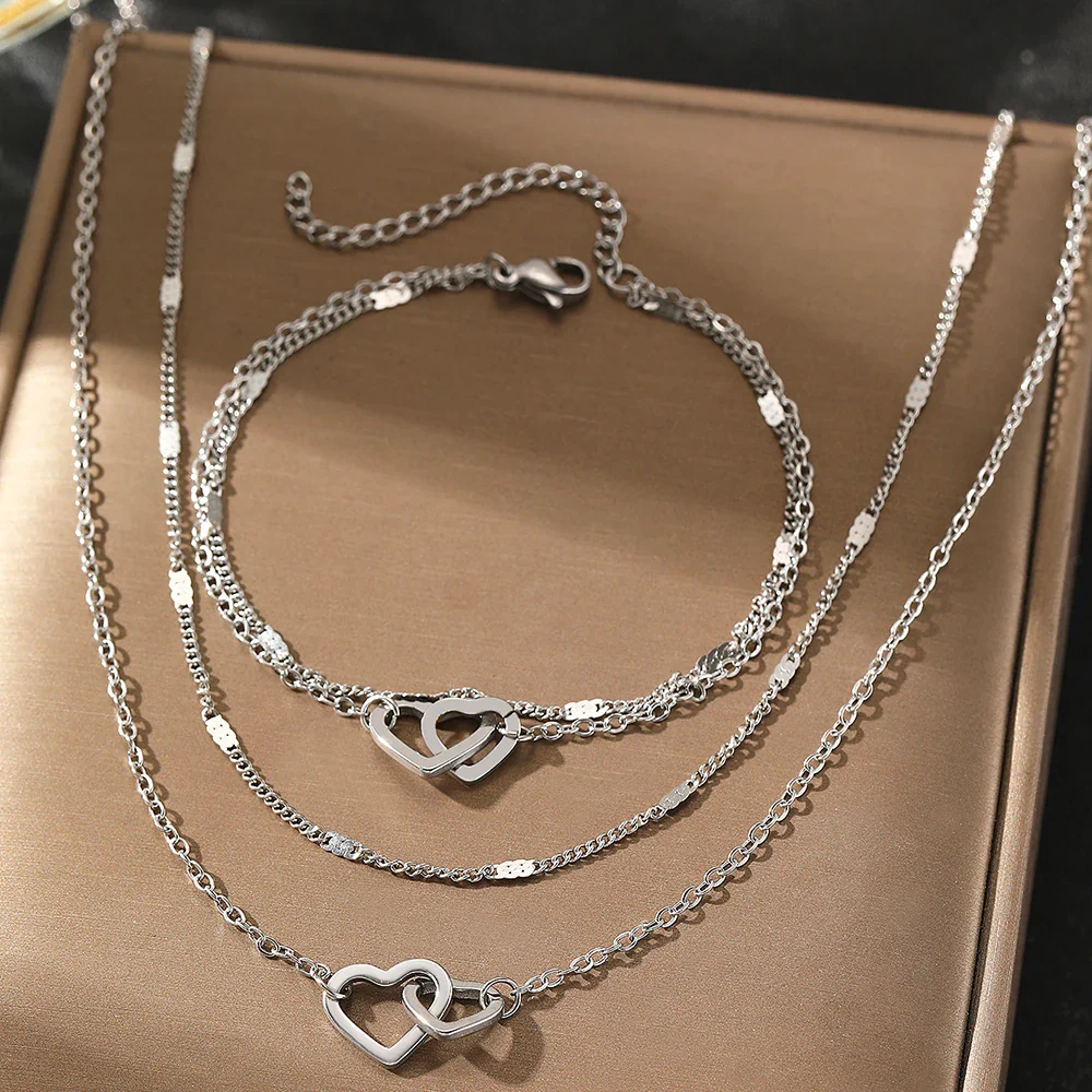 Dainty Curb & Chain Link Dual Heart Necklace and Bracelet Set - Image 9