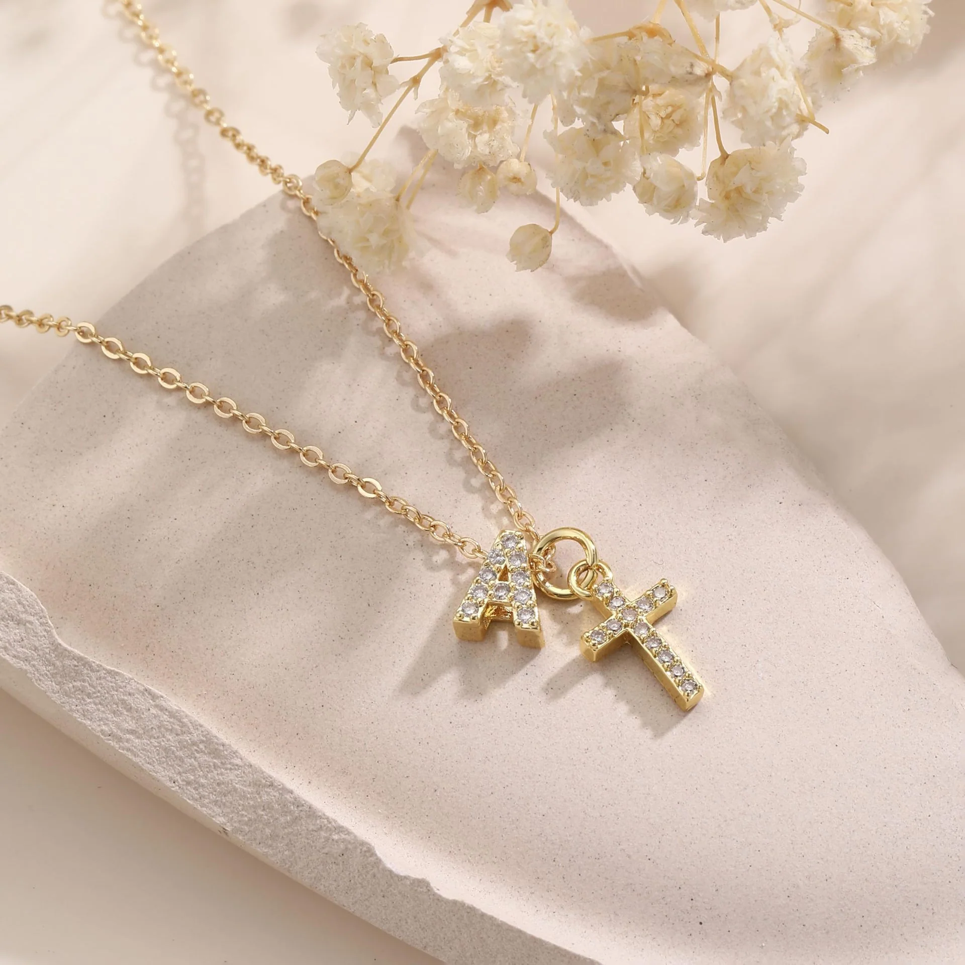Dainty Diamond Initial & Cross Necklace - Image 3
