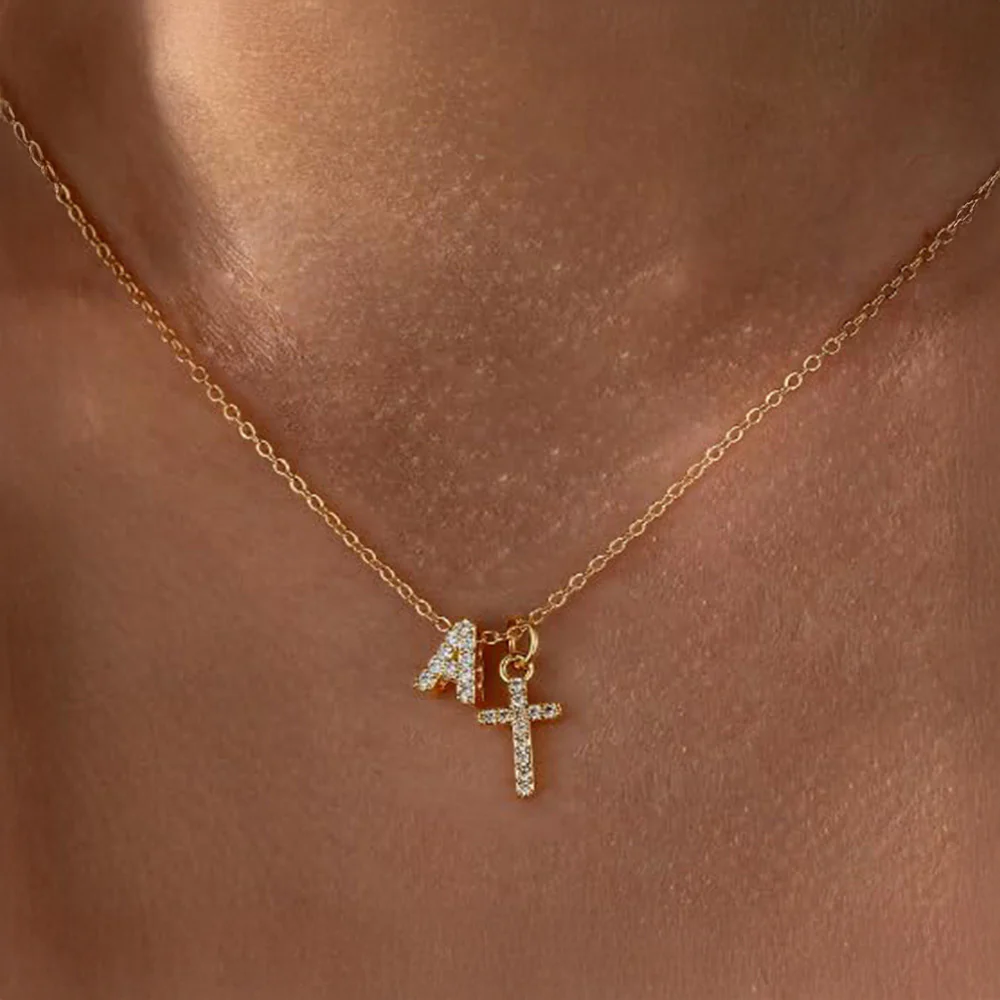 Dainty Diamond Initial & Cross Necklace - Image 5