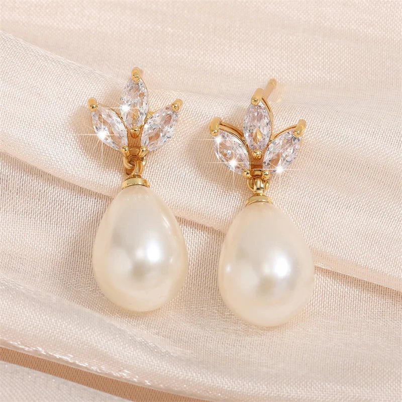 Dainty Diamond Leaf Pearl Earrings - Image 6