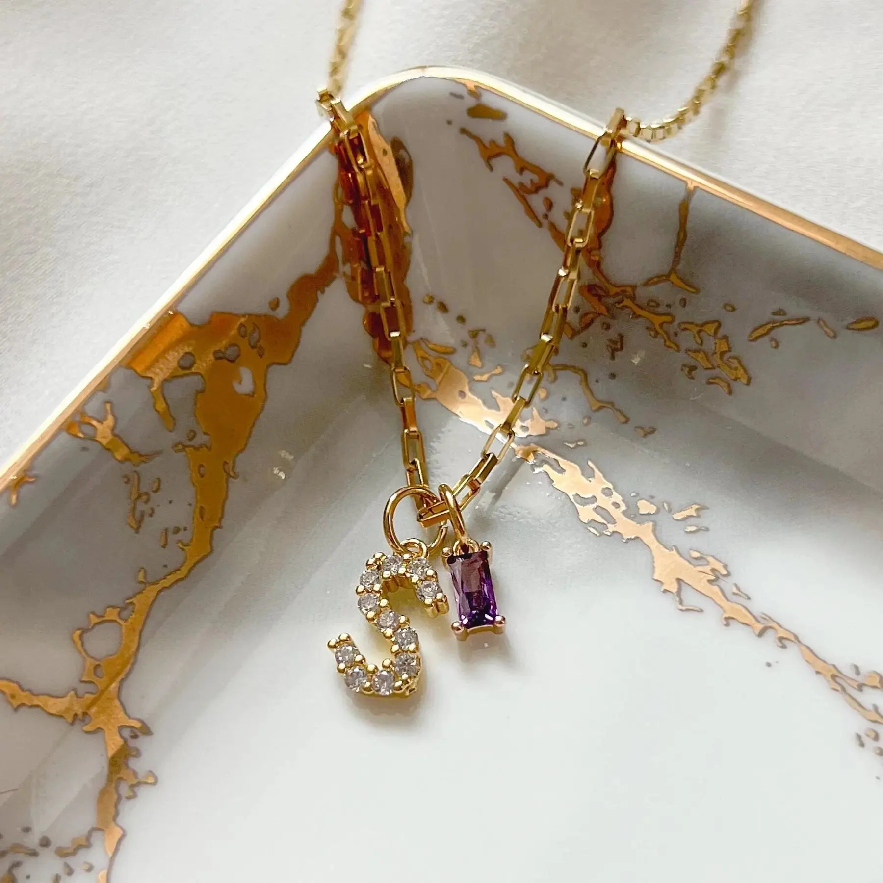 Dainty Diamond Letter Initial & Birthstone Paperclip Chain Necklace - Image 3