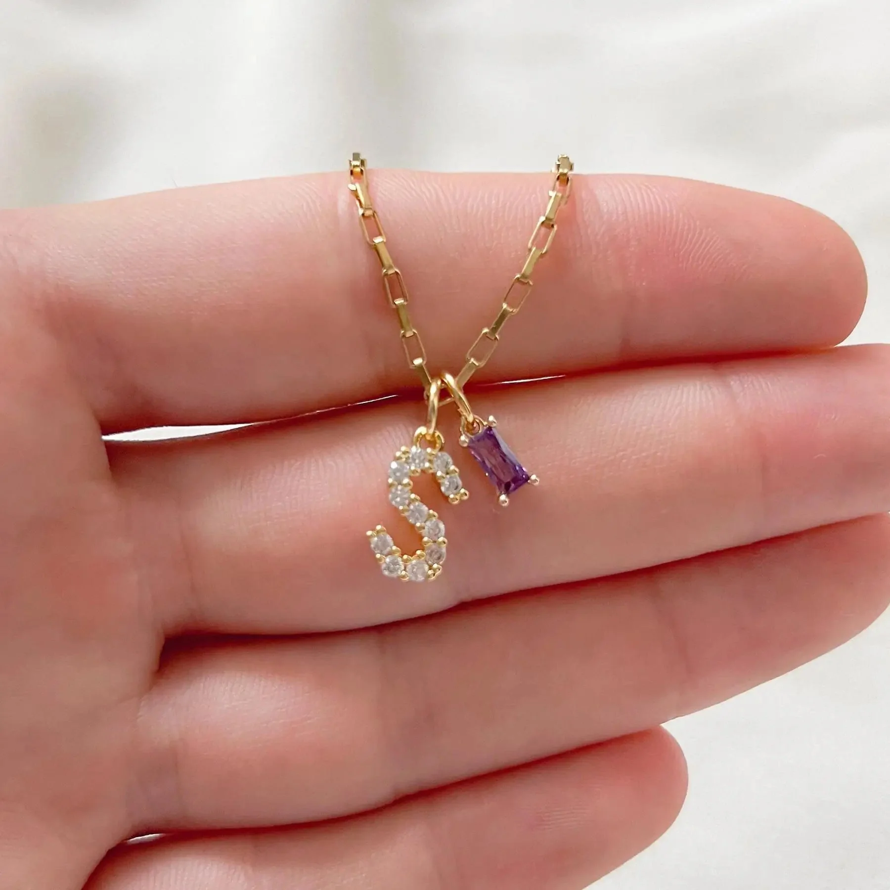 Dainty Diamond Letter Initial & Birthstone Paperclip Chain Necklace - Image 5