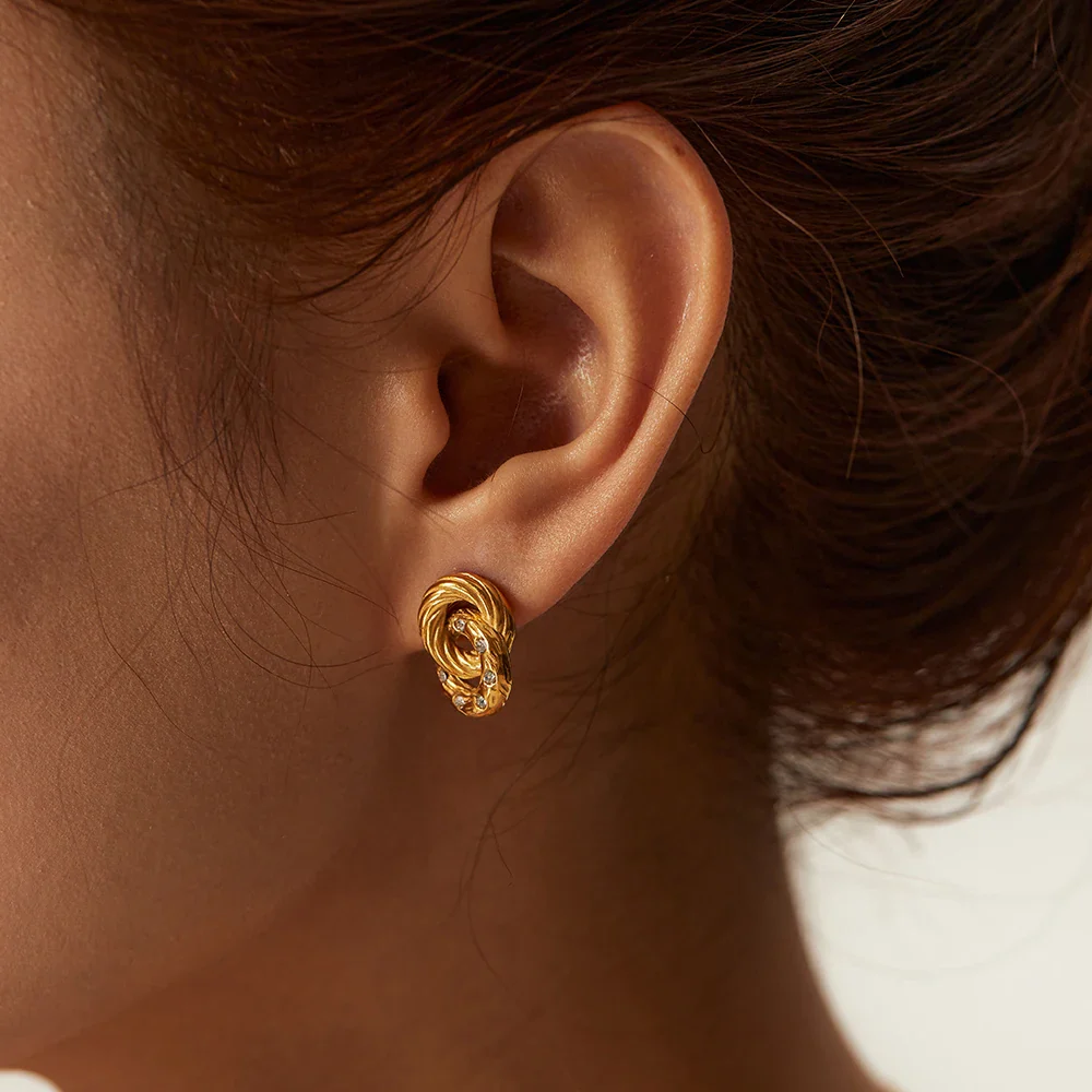 Dainty Dual Textured & Diamond Hoop Earrings - Image 2