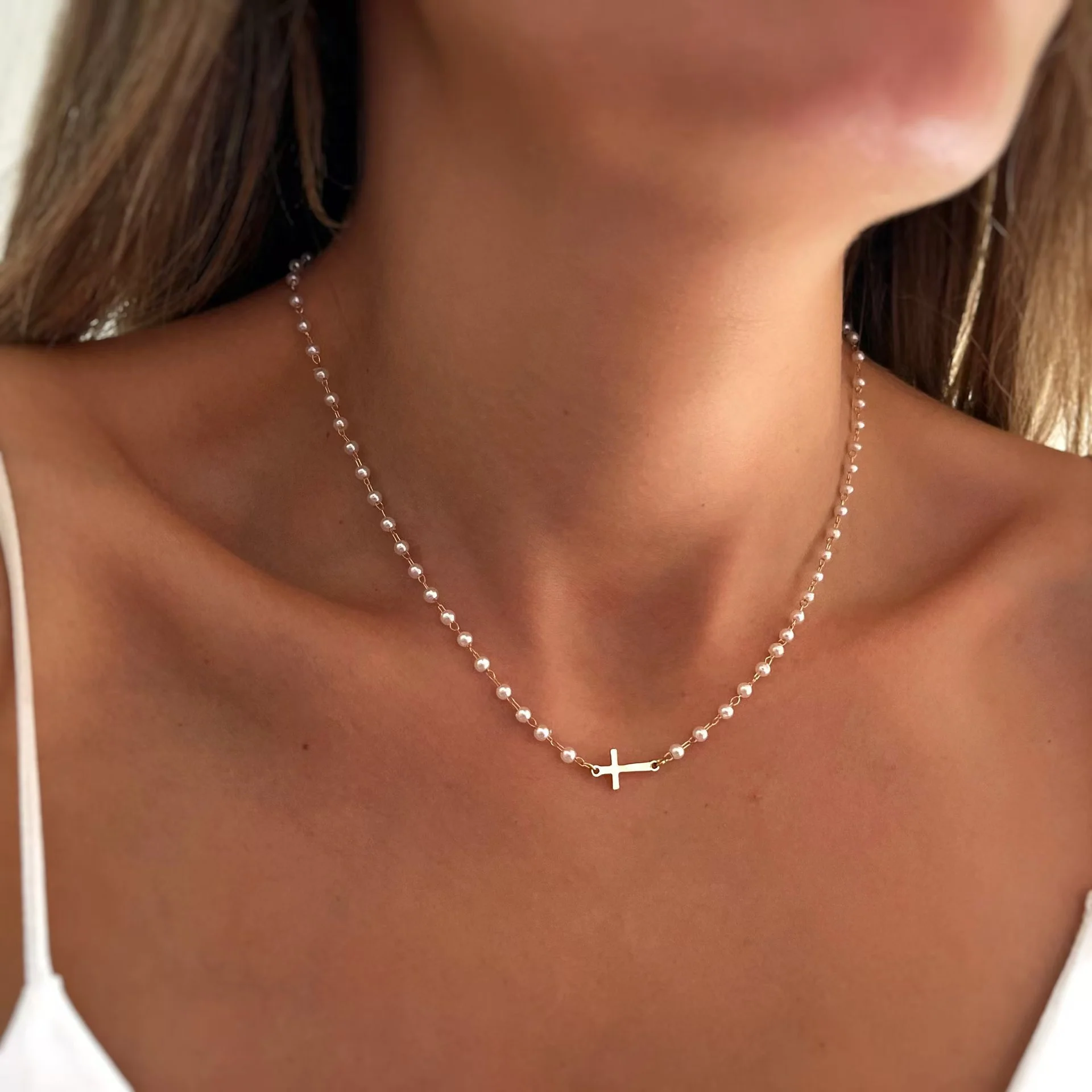 Dainty Faux Pearl Cross Station Choker Necklace - Image 2