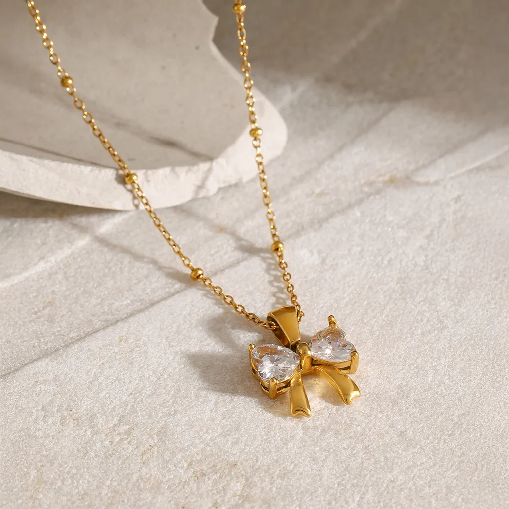 Dainty Feminine Diamond Bow Necklace - Image 5