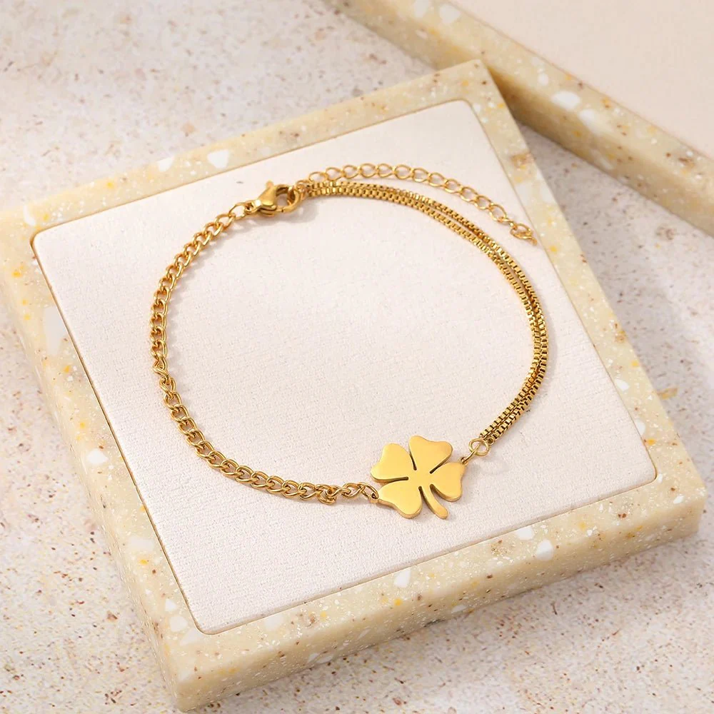 Dainty Four Leaf Clover Layered Chain Bracelet - Image 2