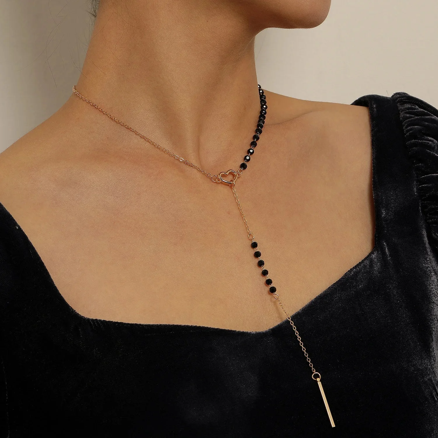 Dainty Heart Black and Gold Lariat Necklace - Image 3