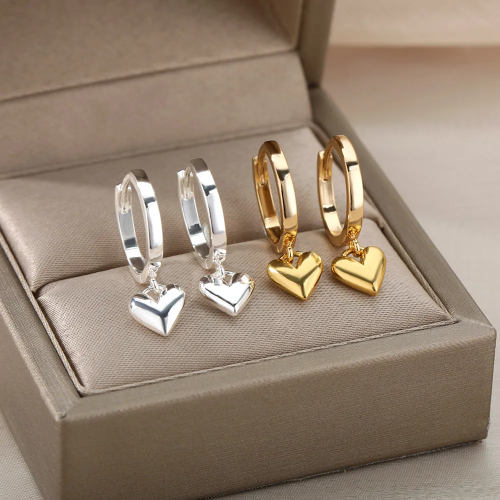 Dainty Heart Dangle Huggie Hoop Earrings - Image 2