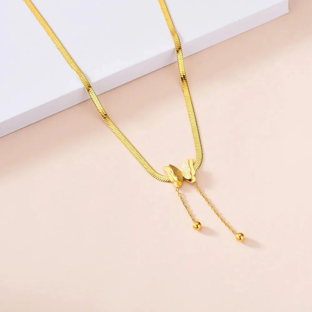 Dainty Herringbone Butterfly Dangle Necklace - Image 5