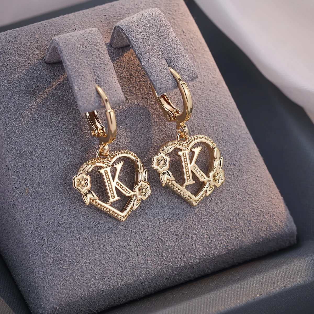 Dainty Initial Letter Heart Hoop Earrings - Image 12
