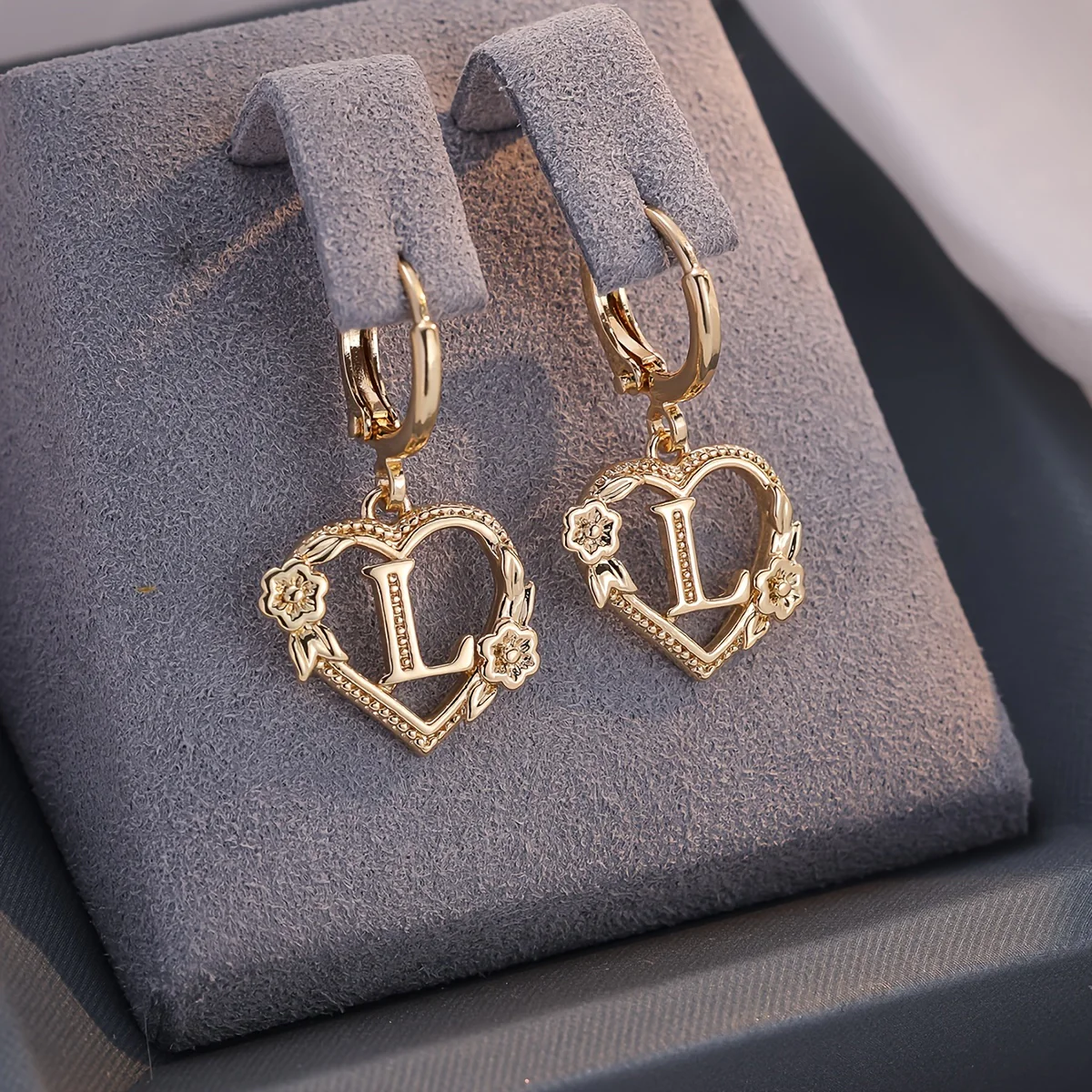 Dainty Initial Letter Heart Hoop Earrings - Image 13