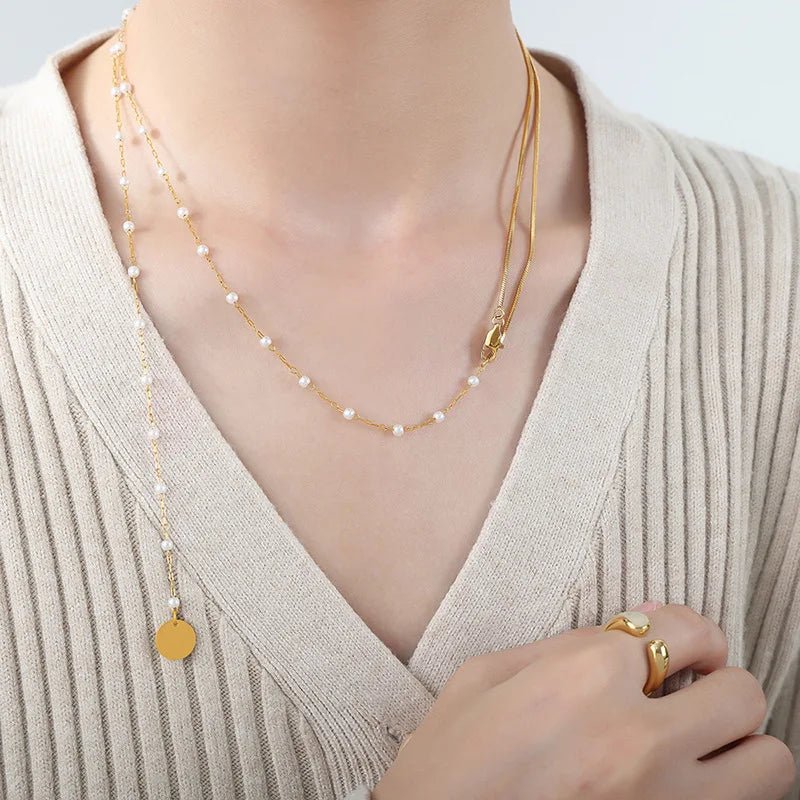 Dainty Layered Pearl Accented Herringbone Necklace - Image 5