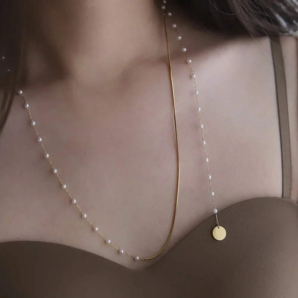 Dainty Layered Pearl Accented Herringbone Necklace - Image 7