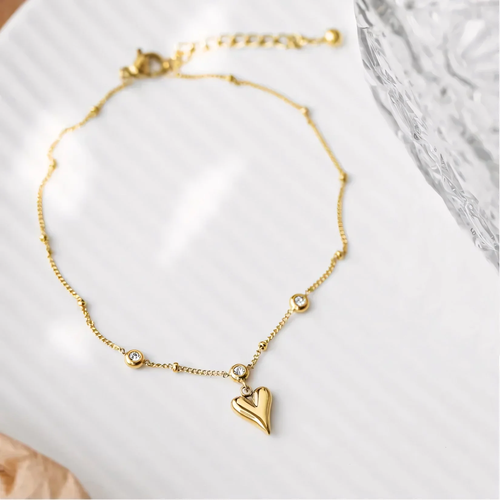 Dainty Romantic Heart Diamond Anklet - Image 5