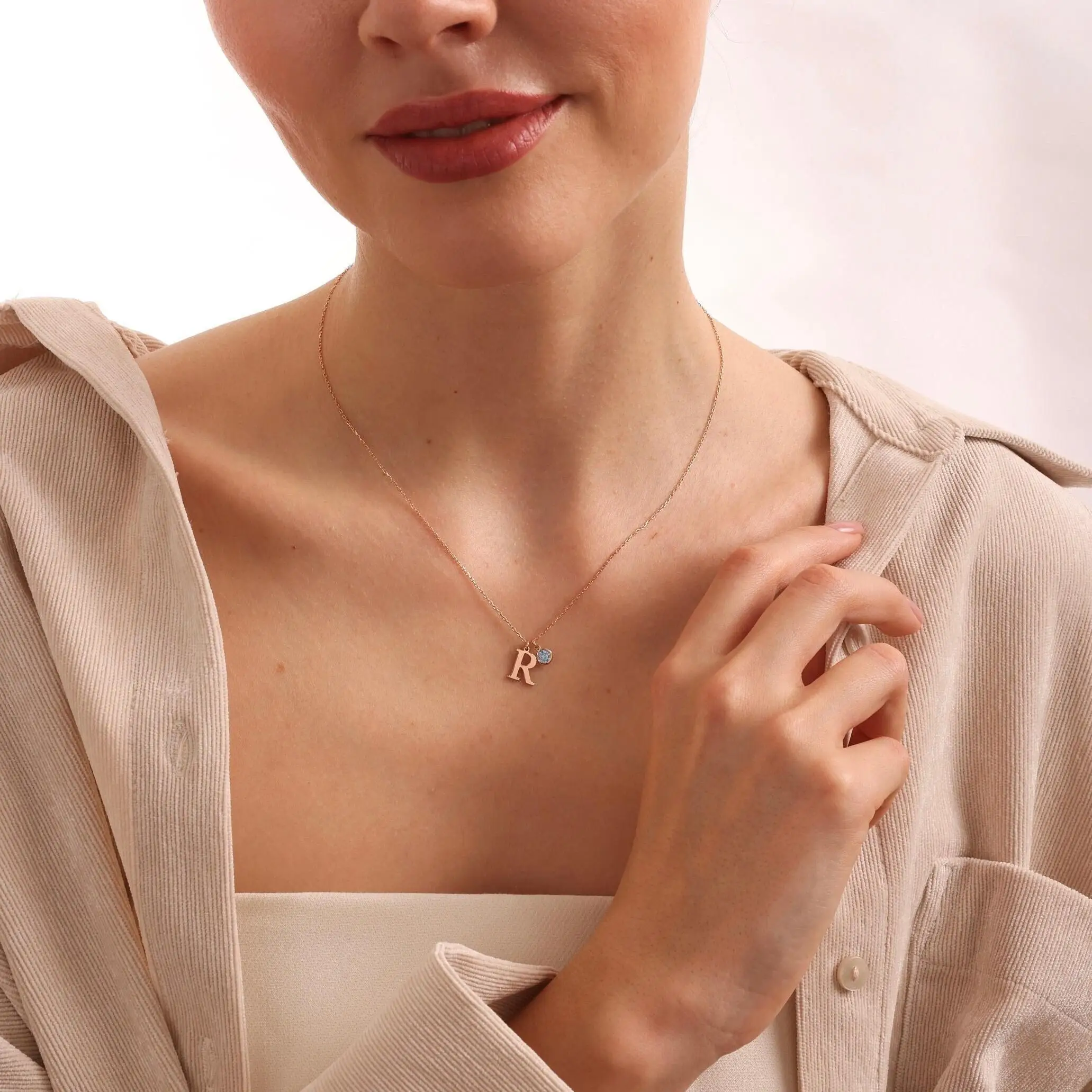 Dainty Serif Initial & Birthstone Necklace - Image 3