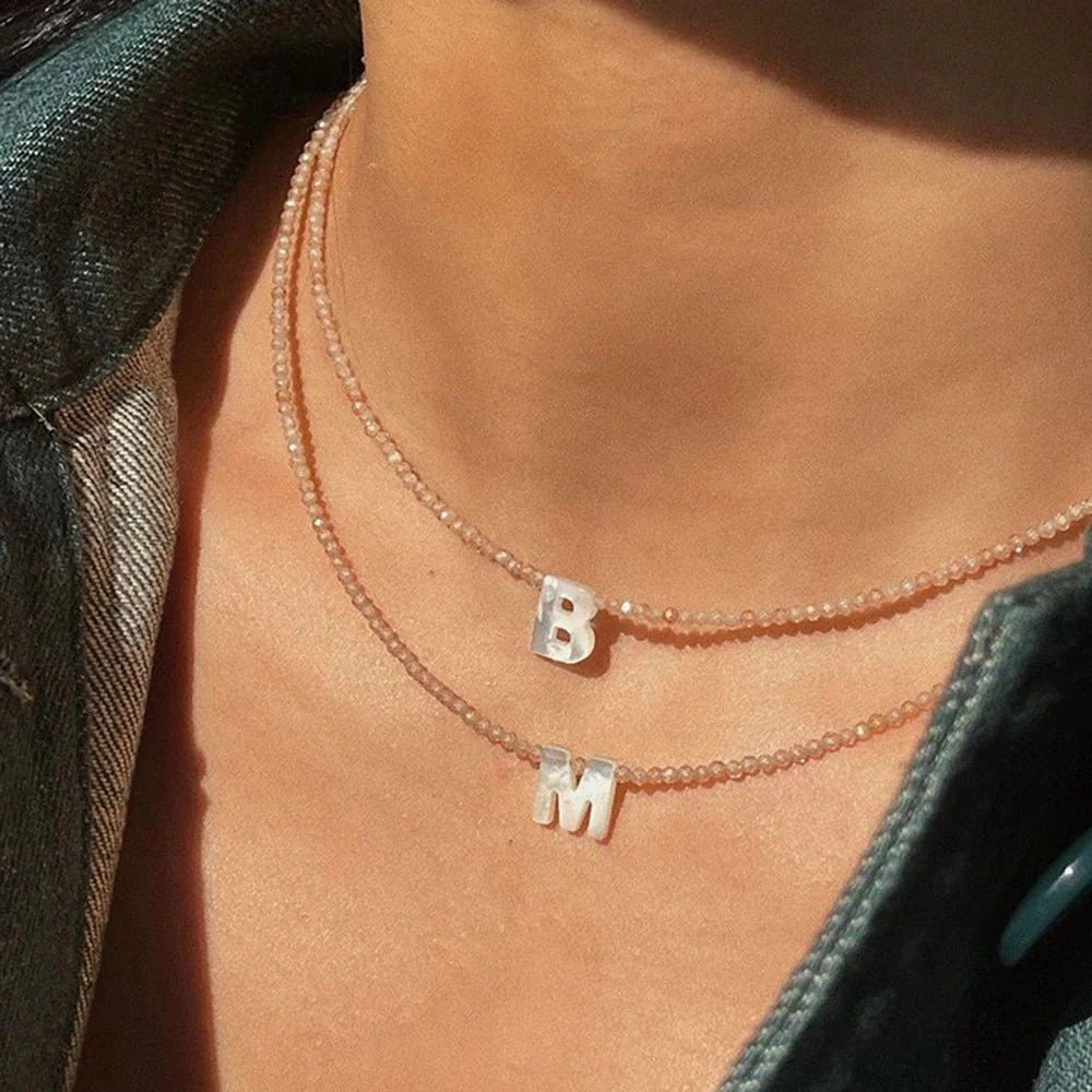 Dainty Stone Beaded Initial Necklace - Image 3
