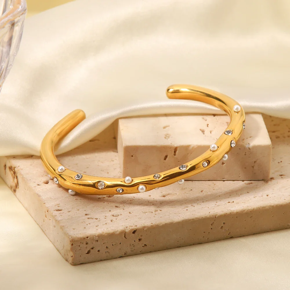 Diamond & Pearl Embedded Bangle Bracelet - Image 2