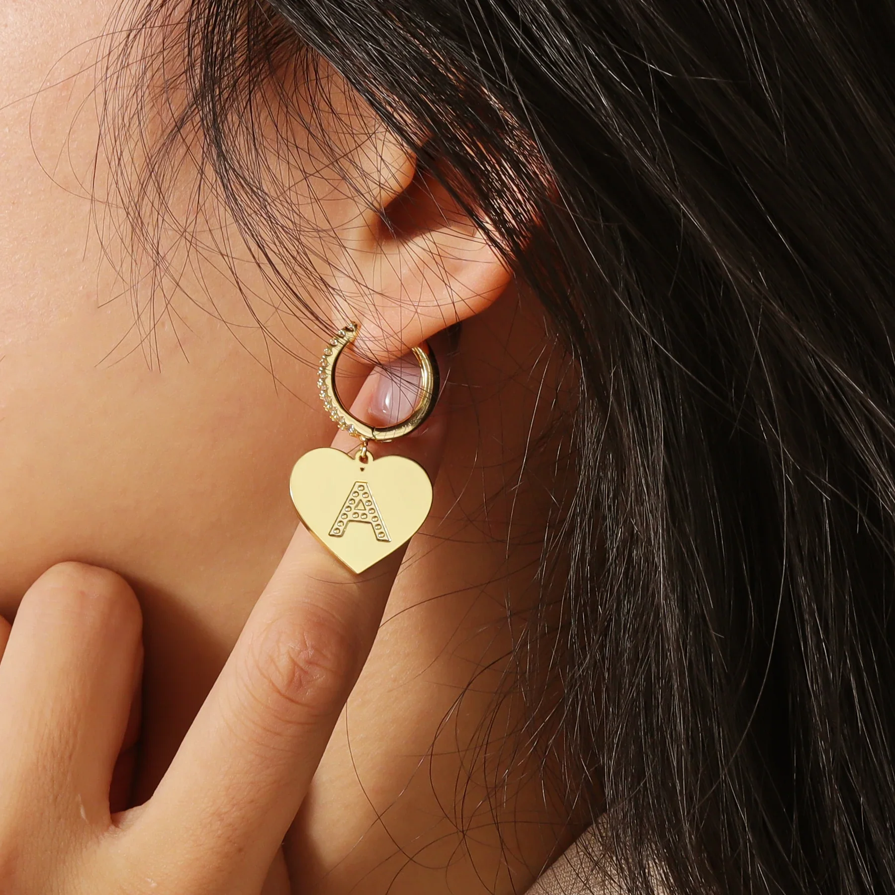 Elegant Huggie Hoop Heart Letter Initial Earrings - Image 2