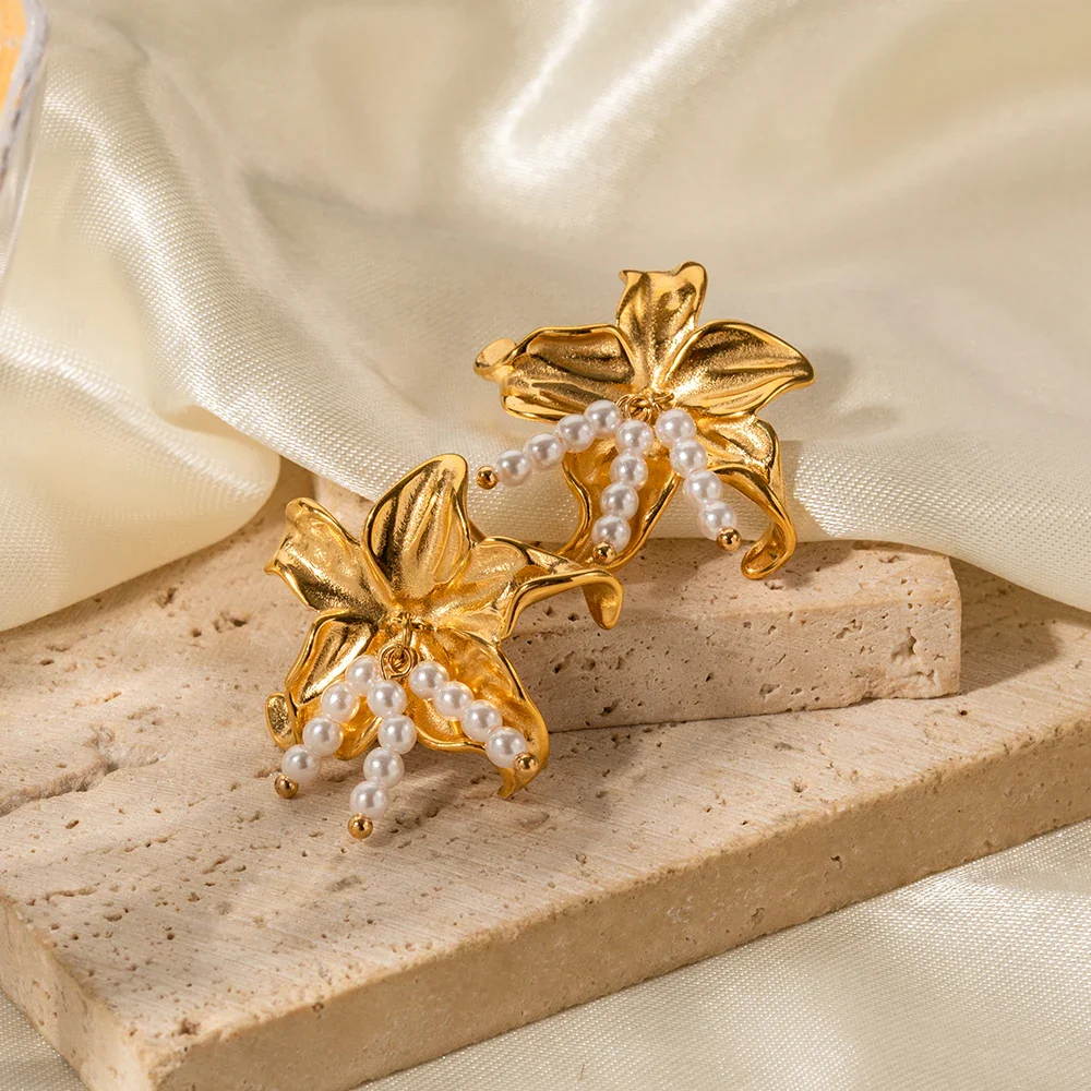 Elegant Lily Floral Pearl Earrings - Image 2