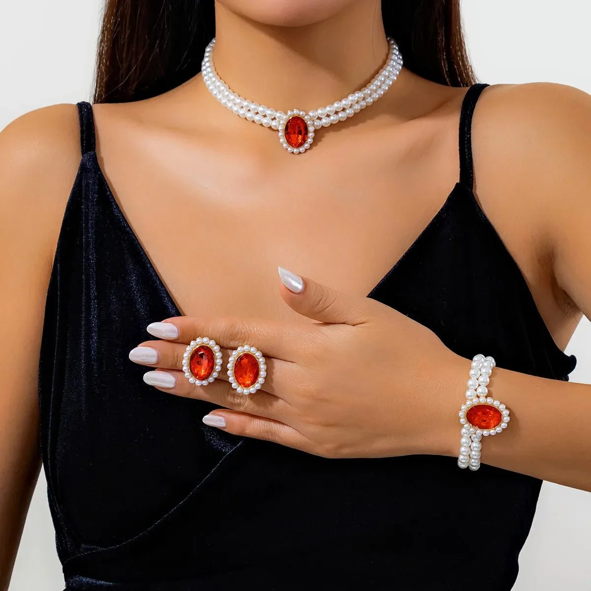 Elegant Oval Diamond Pearl Necklace, Bracelet, Earrings Set - Image 8
