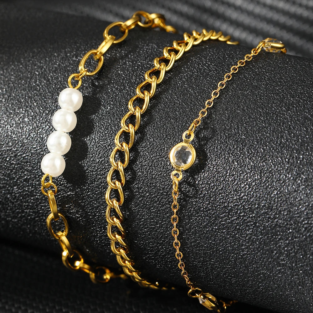 Elegant Pearl Crystal Chain Bracelet Stack - Image 3