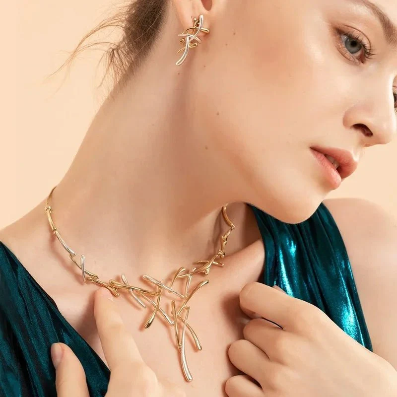 Elegant Two-Tone Branch Cross Necklace and Earring Set - Image 3