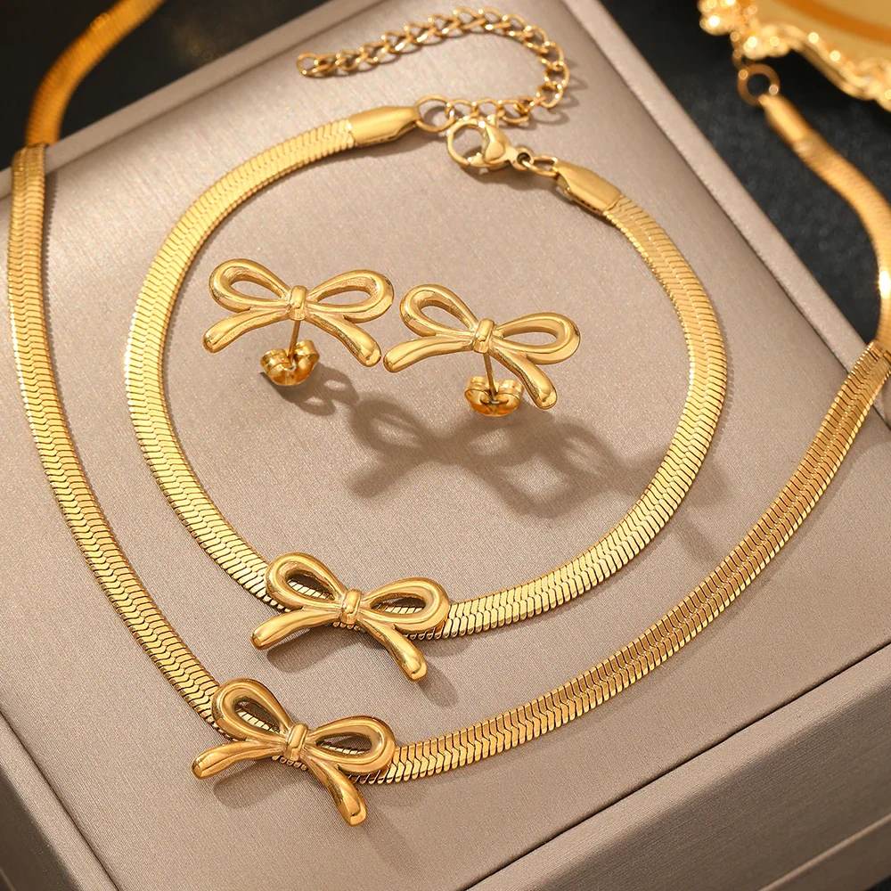 Feminine Bow Herringbone Chain Necklace, Bracelet, and Earring Set - Image 6
