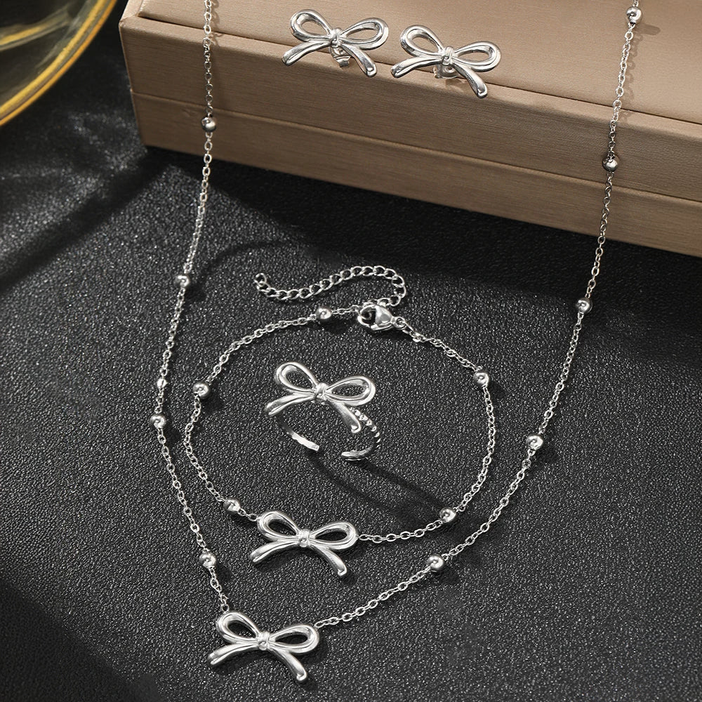 Feminine Bow Satellite Chain Necklace, Bracelet, Earrings, and Ring Set - Image 3