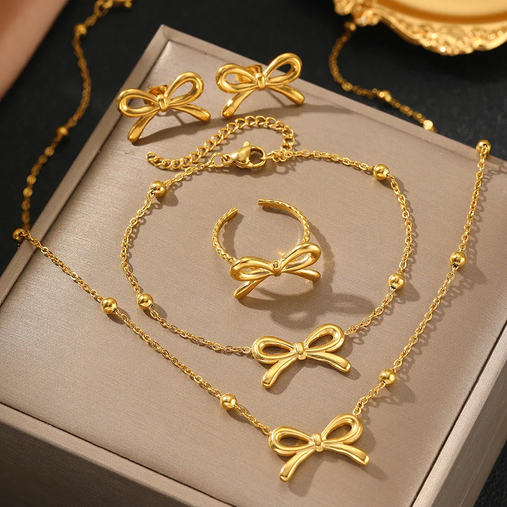 Feminine Bow Satellite Chain Necklace, Bracelet, Earrings, and Ring Set - Image 4