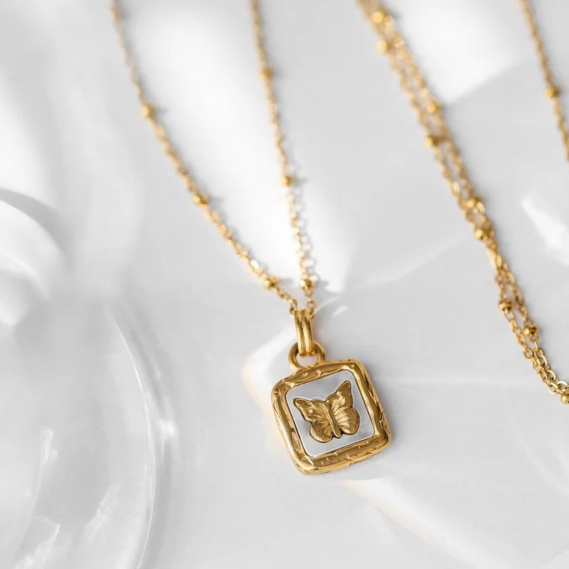 Feminine Gold Accented Butterfly Square Pendant Necklace - Image 3