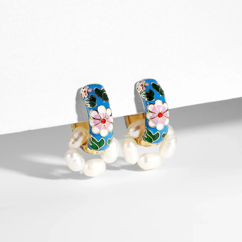 Floral Elegance Pearl Enamel Hoop Earrings - Image 2