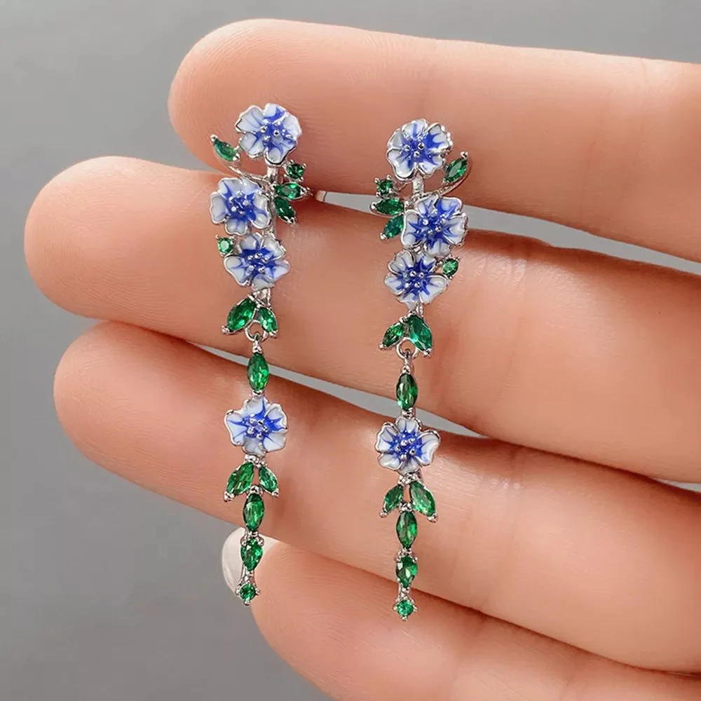 Glossy Blue Floral Dangling Earrings - Image 3
