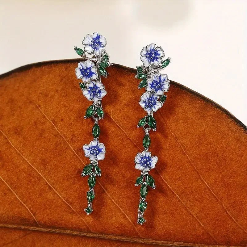 Glossy Blue Floral Dangling Earrings - Image 4