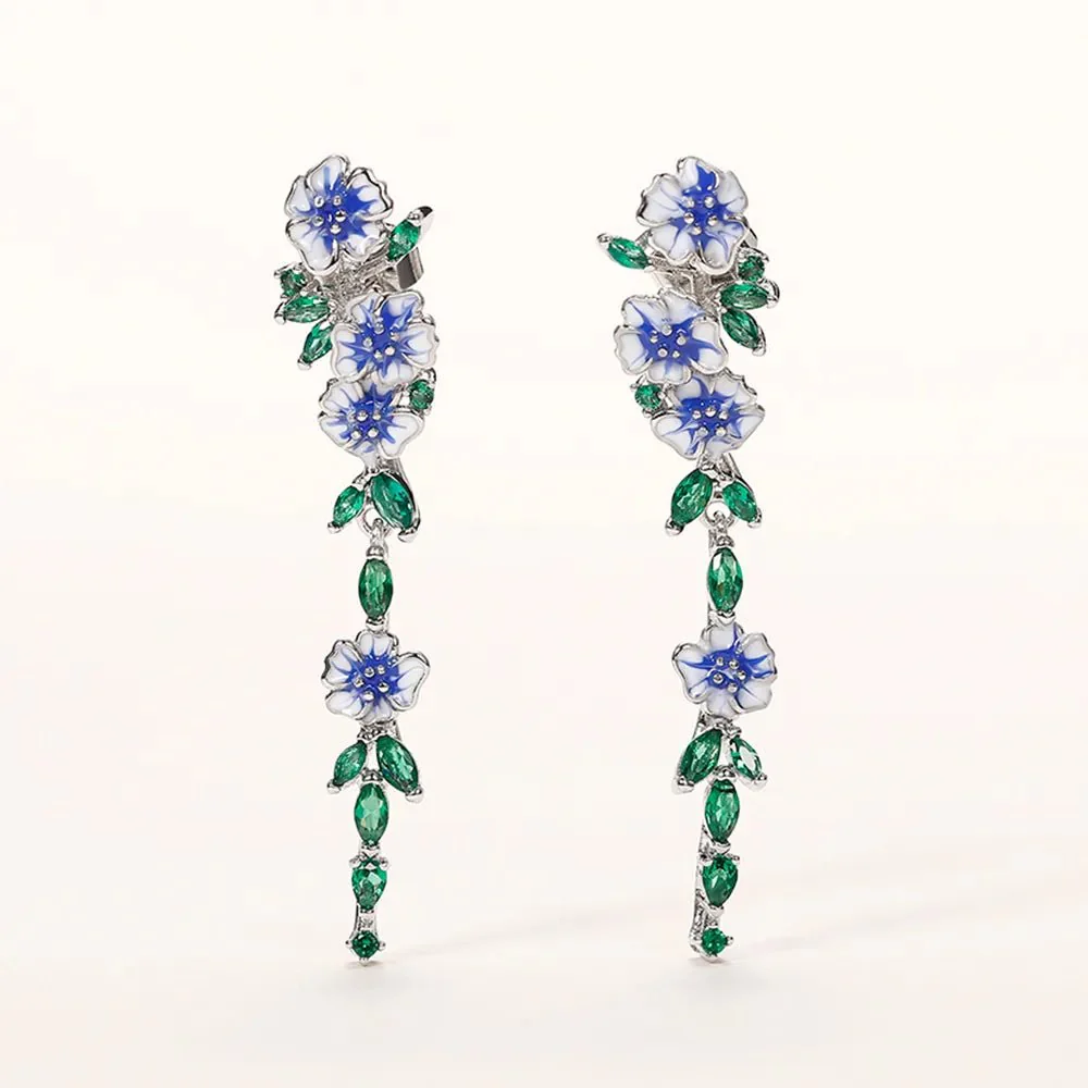 Glossy Blue Floral Dangling Earrings - Image 7