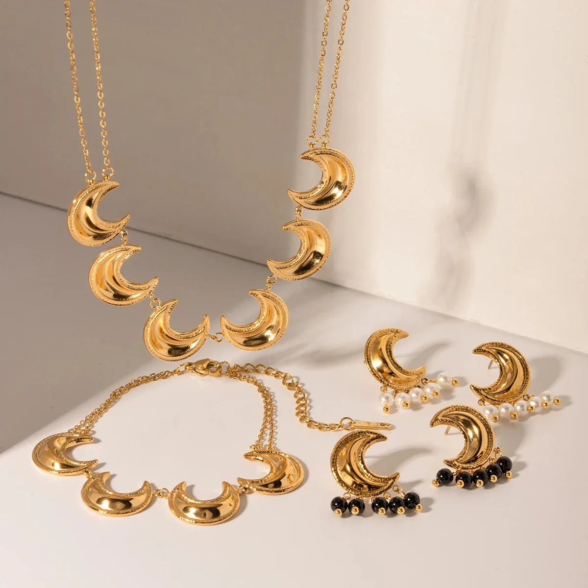 Golden Crescent Moon Astrology Necklace Bracelet Earrings Jewelry Set - Image 6