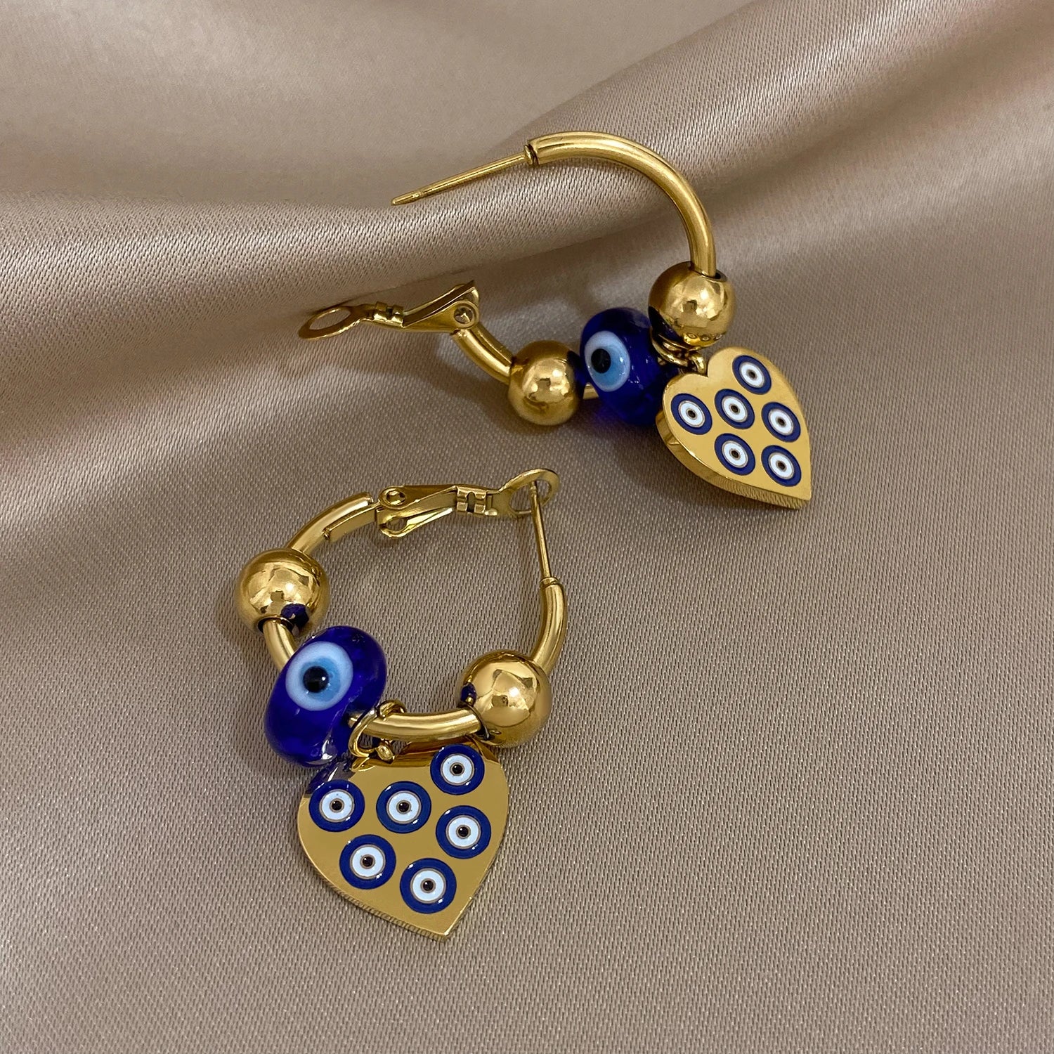 Golden Evil Eye Heart Hoop Earrings - Image 4
