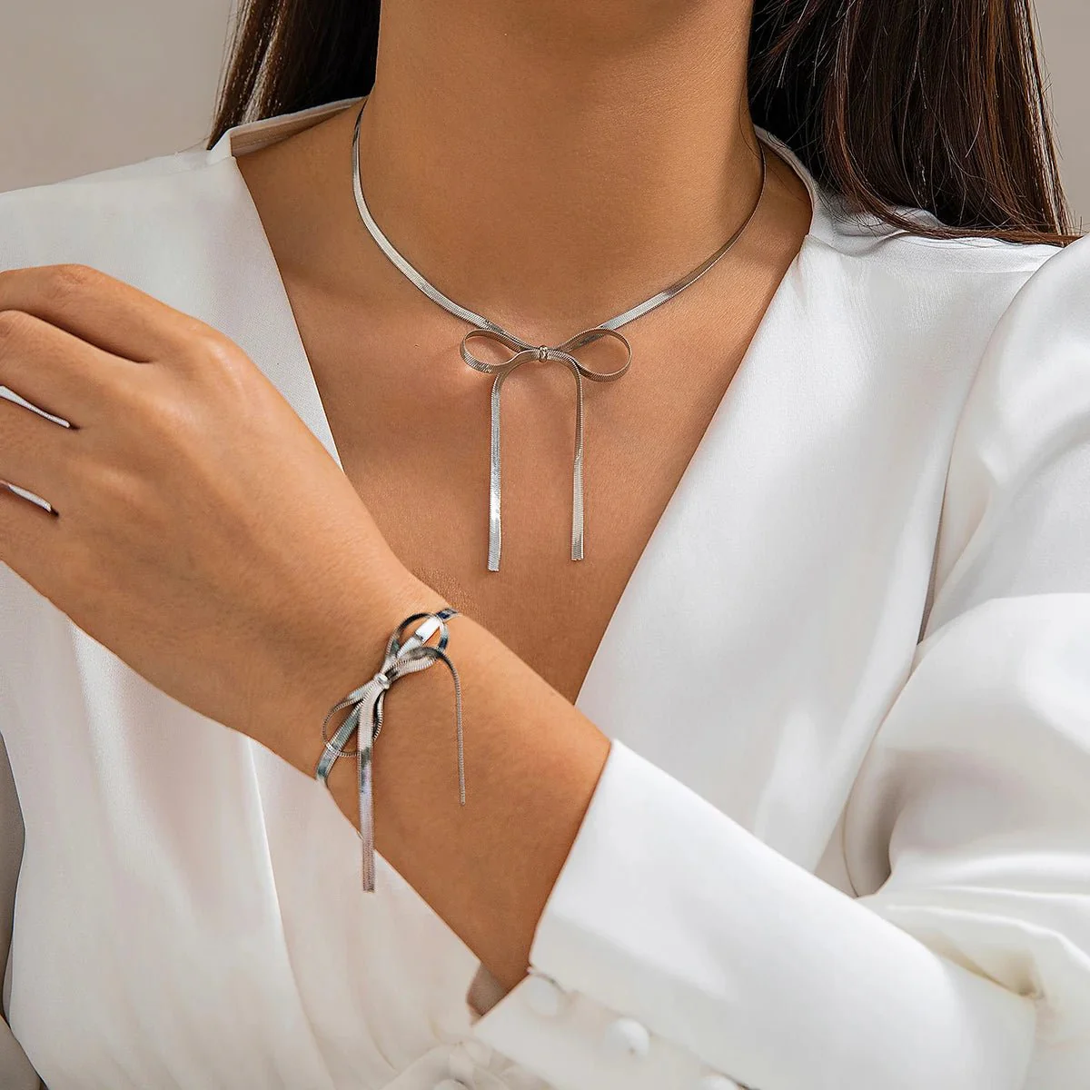 Herringbone Chain Bow Necklace and Bracelet Set - Image 5