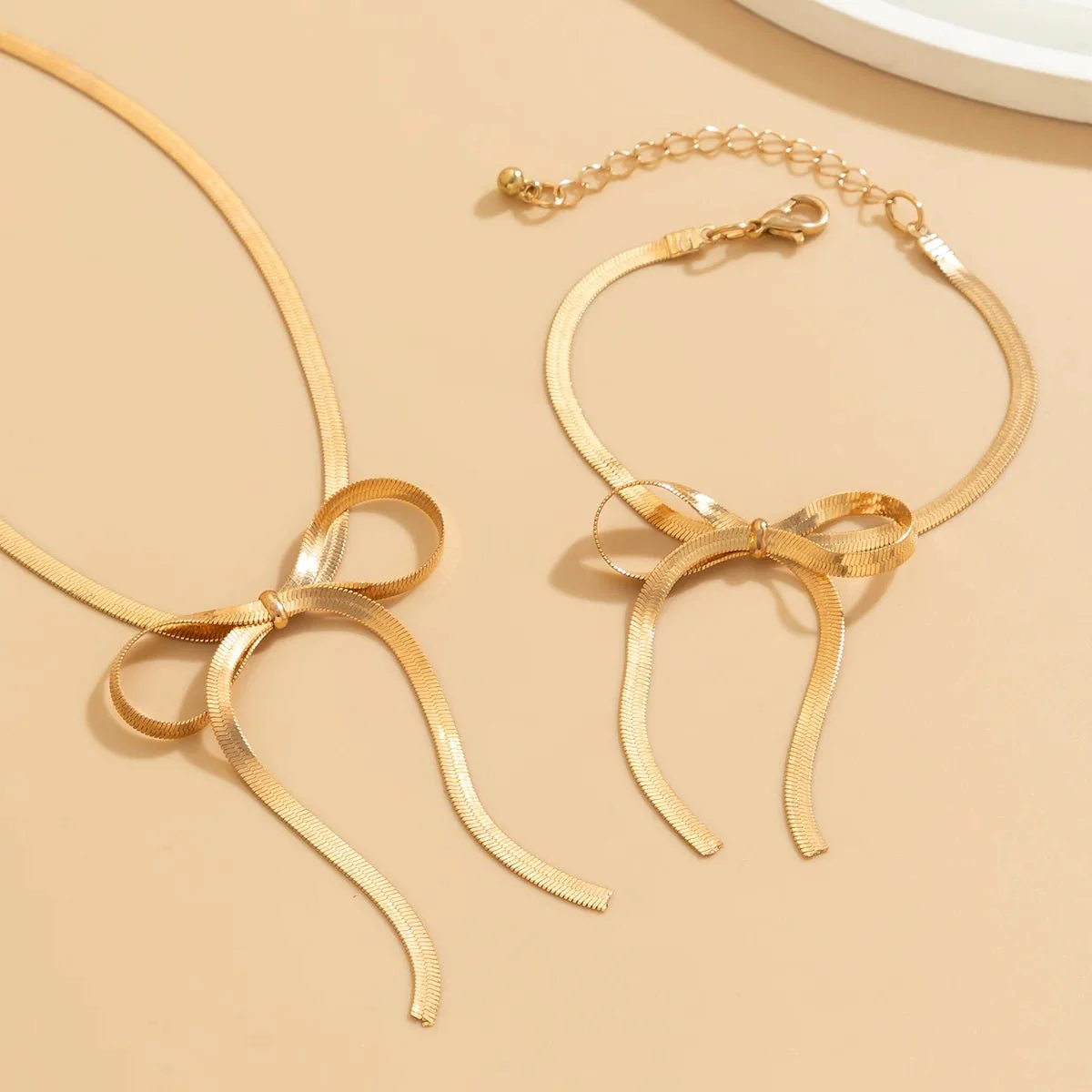 Herringbone Chain Bow Necklace and Bracelet Set - Image 7