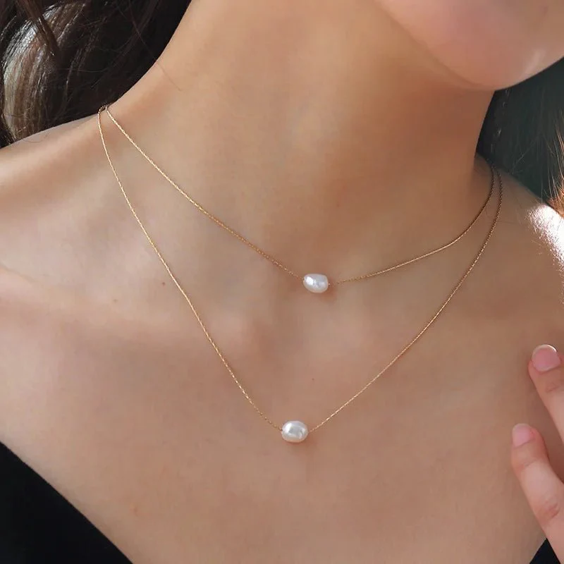 Layered Dainty Strung Pearls Necklace - Image 2