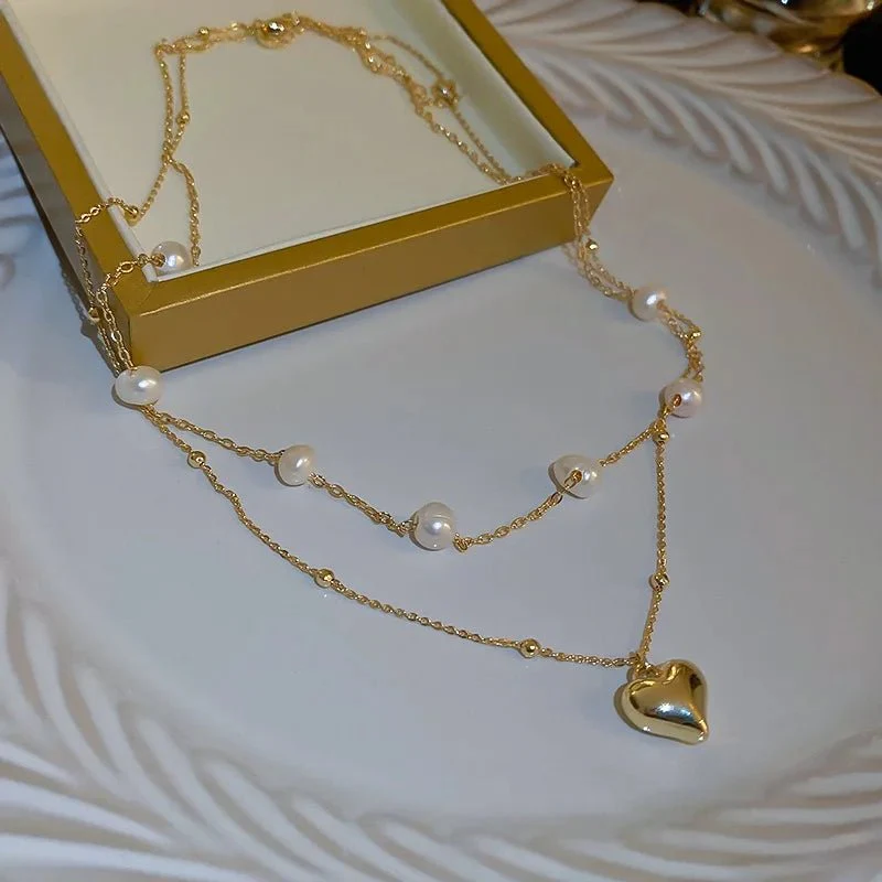 Layered Pearl and Heart Chain Necklace - Image 4