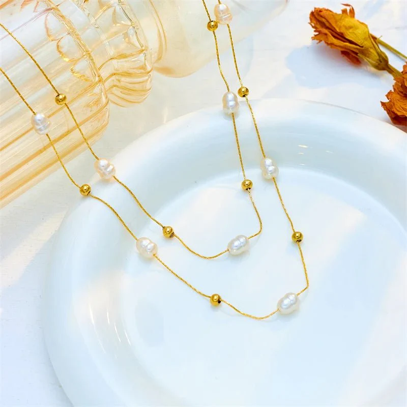 Layered Pearl Gold Beaded Necklace - Image 2