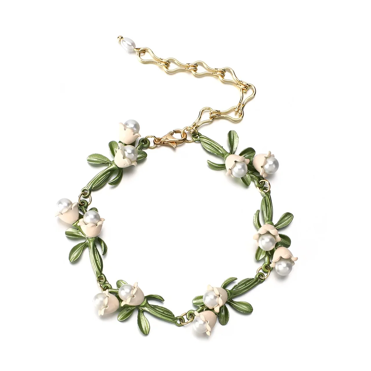 Lily of the Valley Pearl Choker Necklace, Bracelet, and Earrings Set - Image 9