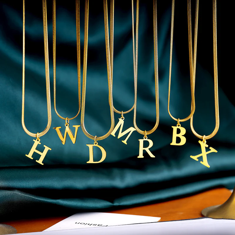 Minimal Serif Letter Initial Herringbone Necklace - Image 4