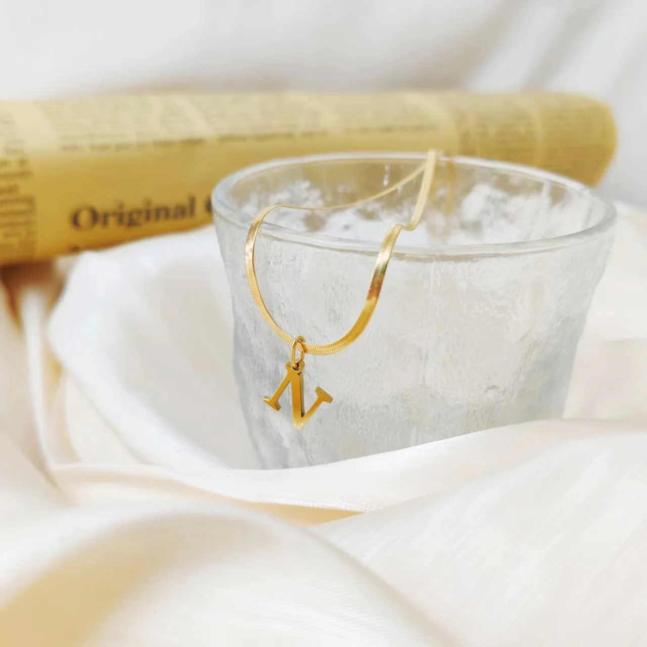 Minimal Serif Letter Initial Herringbone Necklace - Image 8