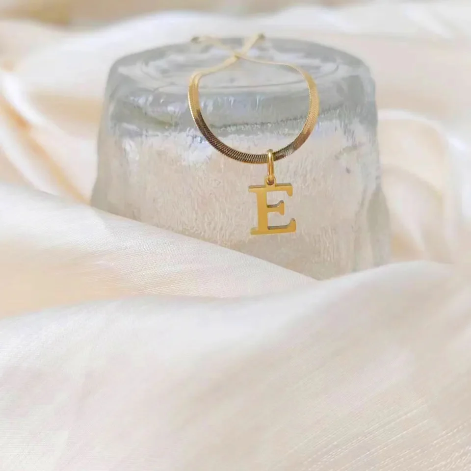 Minimal Serif Letter Initial Herringbone Necklace - Image 9