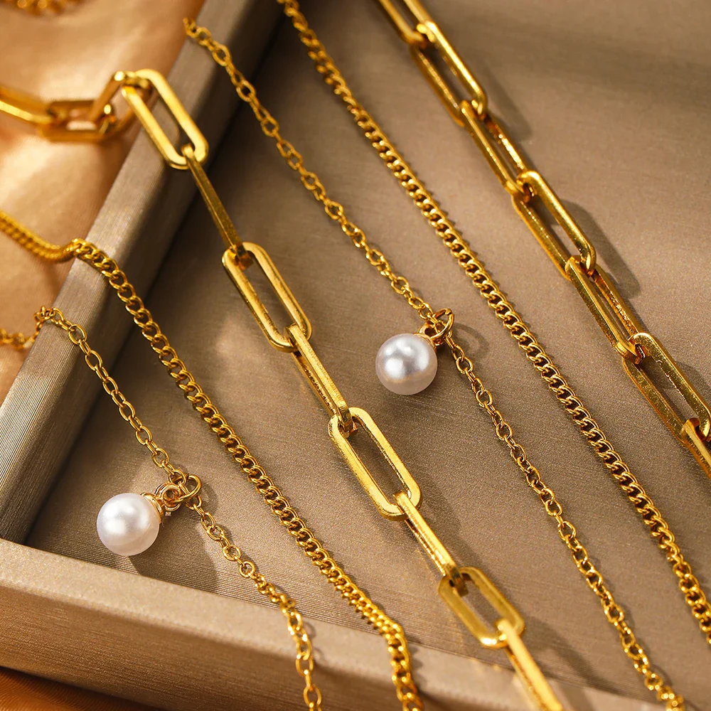 Paperclip & Curb Chain Dainty Pearl Bracelet and Necklace Stack Set - Image 5