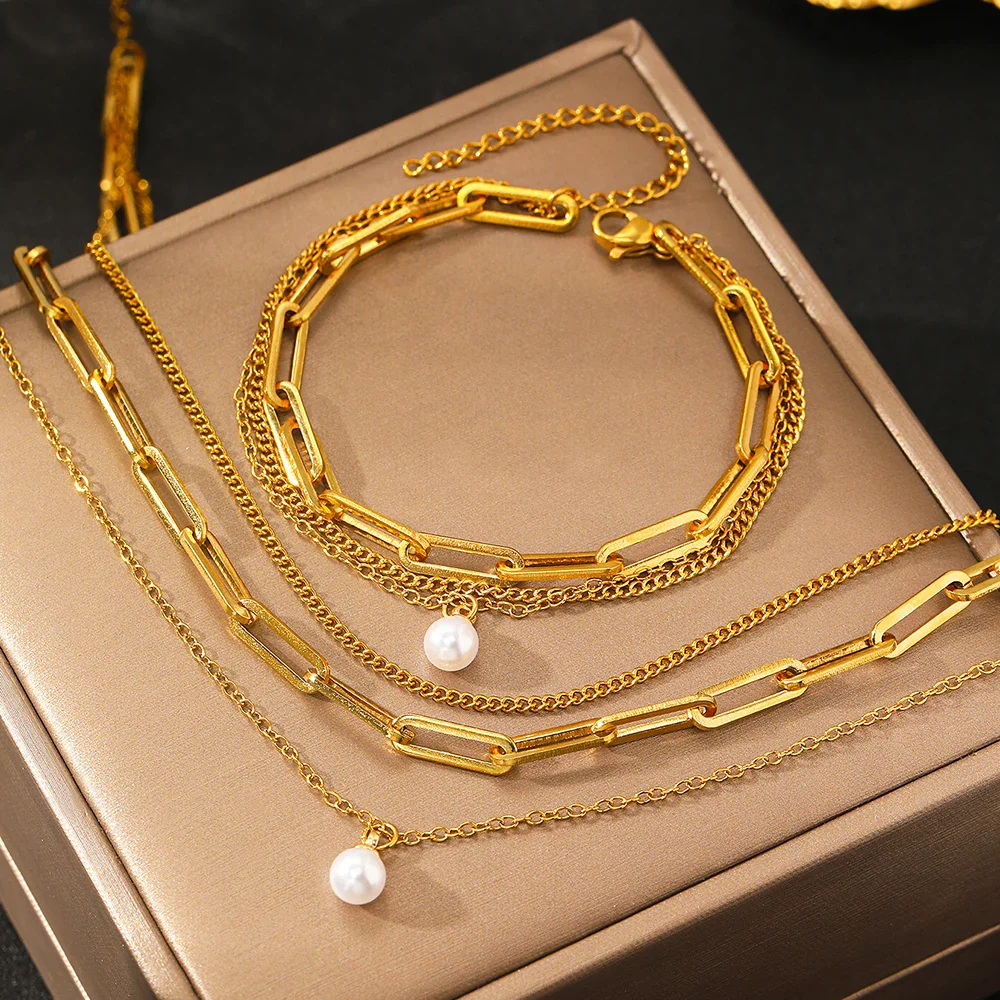 Paperclip & Curb Chain Dainty Pearl Bracelet and Necklace Stack Set - Image 8