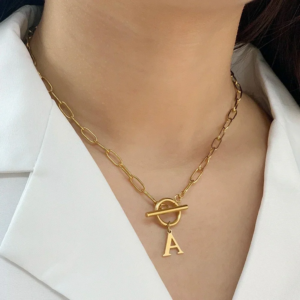 Paperclip Letter Initial Circle Lock Clasp Necklace - Image 3