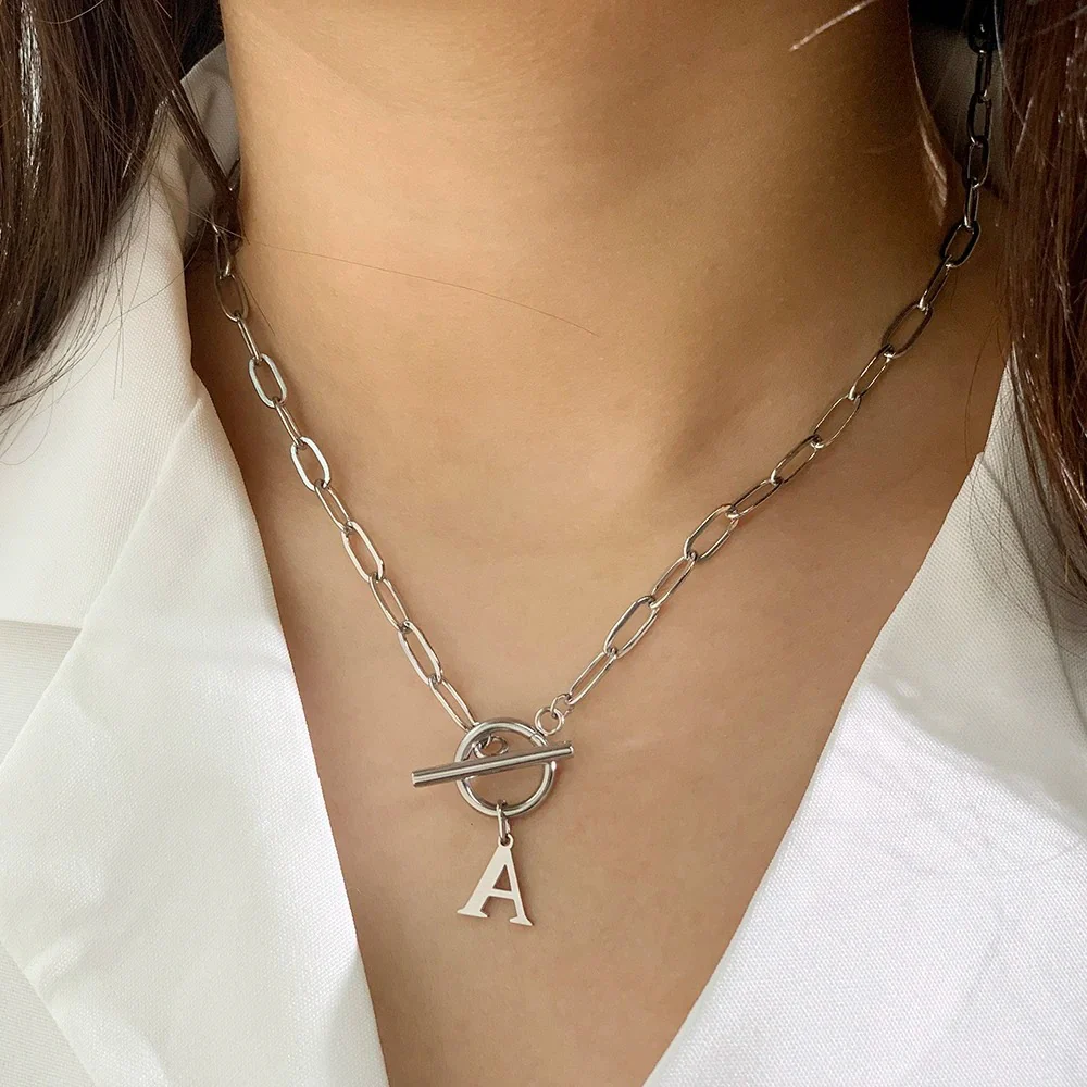 Paperclip Letter Initial Circle Lock Clasp Necklace - Image 4