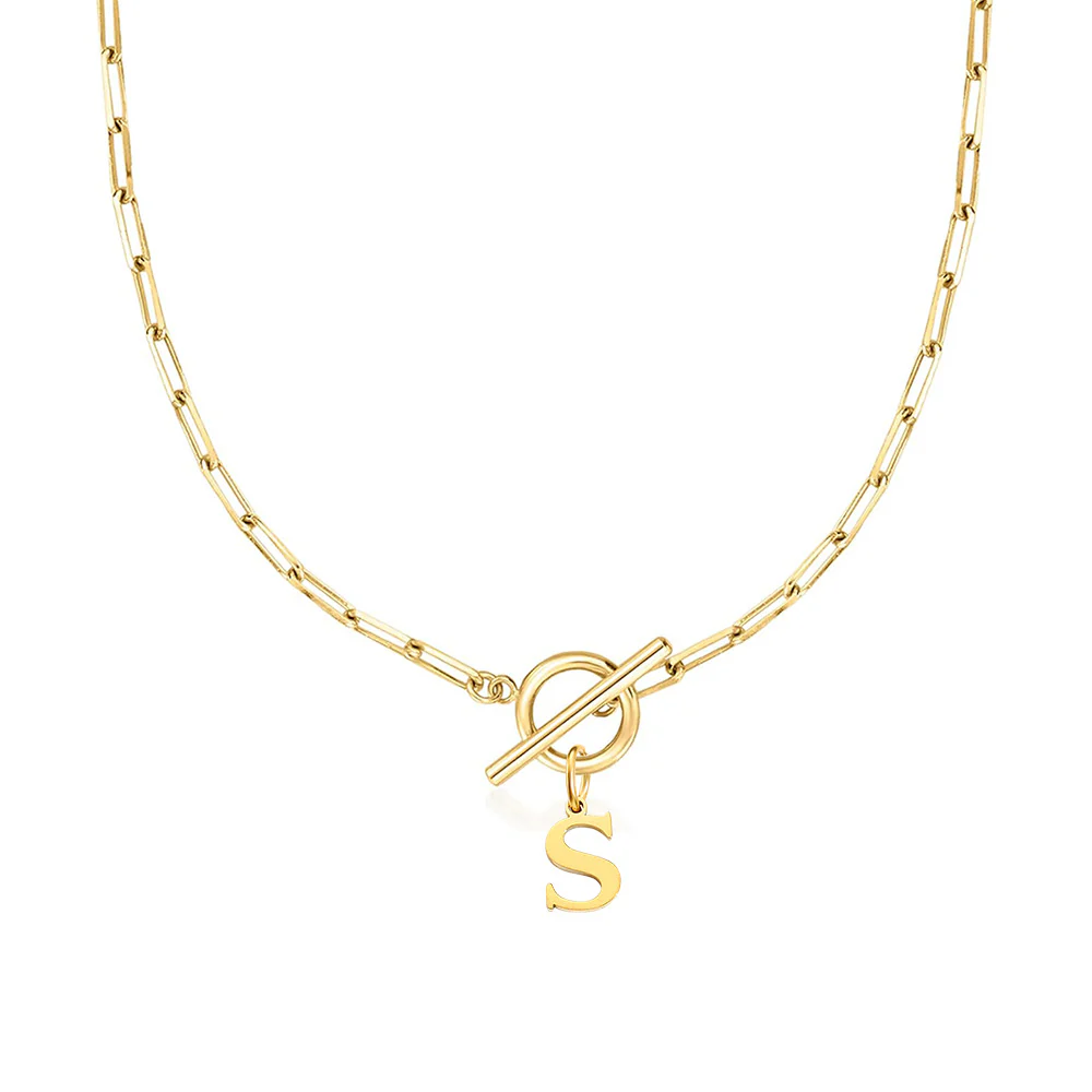 Paperclip Letter Initial Circle Lock Clasp Necklace - Image 45